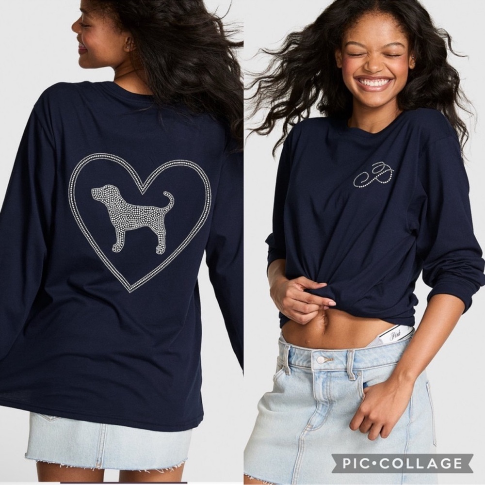 PINK Victoria's Secret Navy Long Sleeve Tee with Heart Dog Design